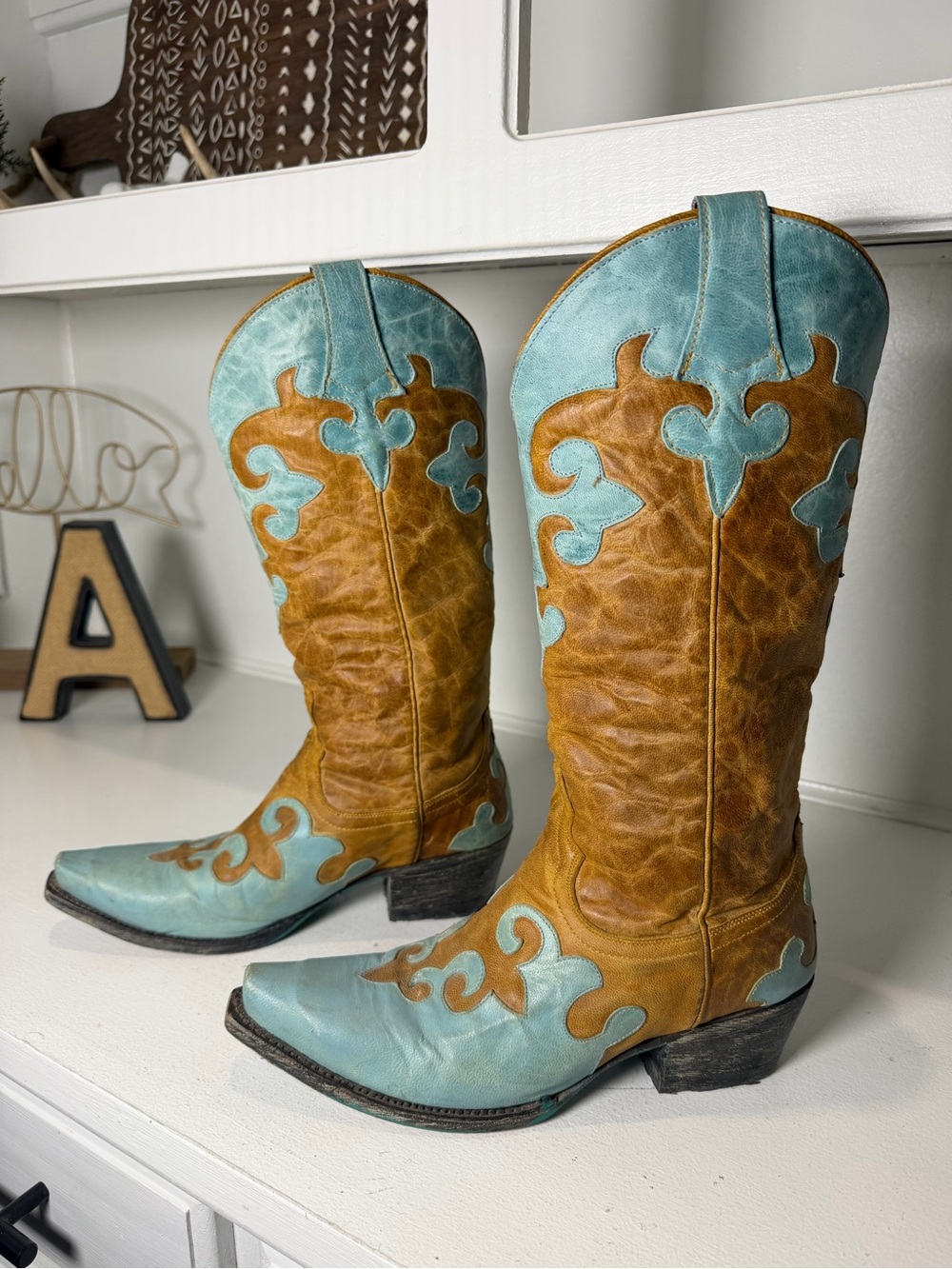 Lane Womens 7.5 Turquoise Brown Leather Cowboy Boots Two Tone Western